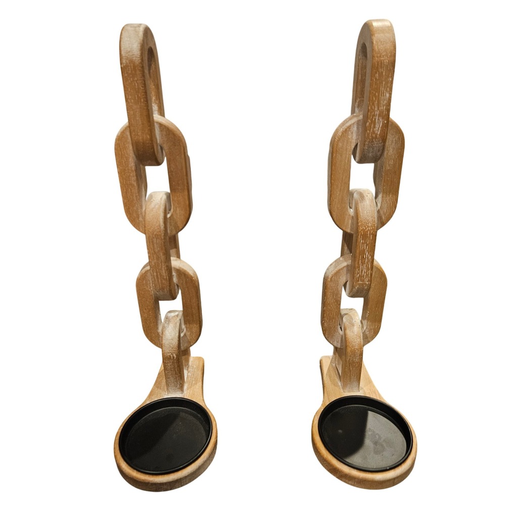 Wood Chain Link Candle‎ Holders Rustic Farmhouse Decor Set of 2